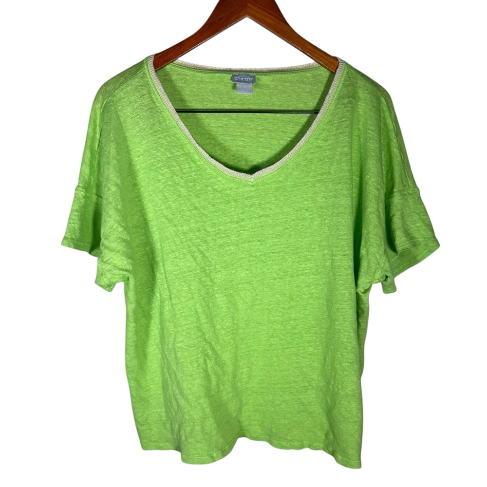 Chico's Lime Green V-Neck Linen Blend Women's Top Size 3 US XL